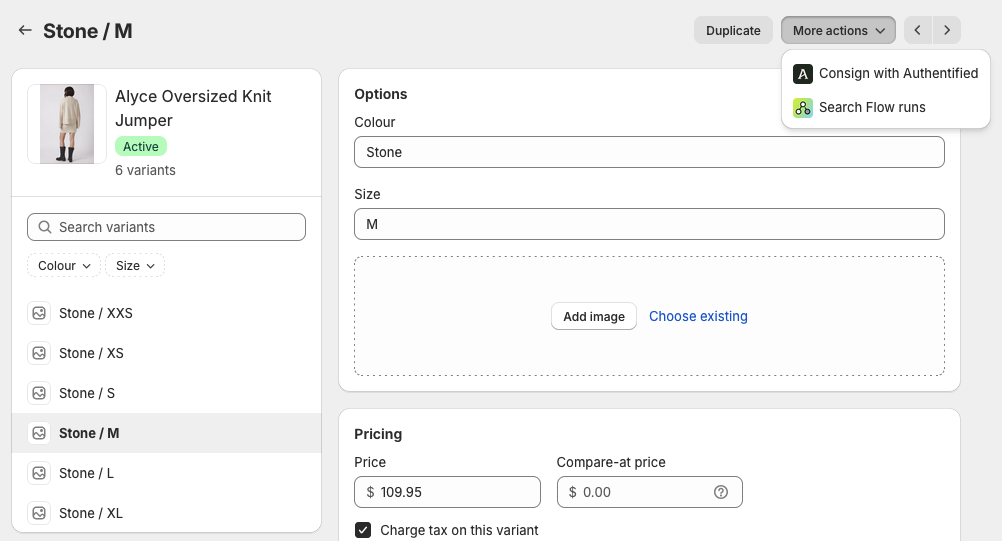 Action dropdown with Consign with option